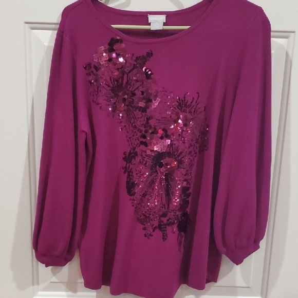 Chico's Tops - Chico's Magenta Sequin Floral Rayon Blend Blouse